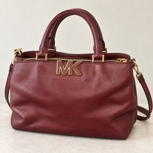 Michael Kors Burgundy Satchel Handbag Gold MK Logo Double Handles Shoulder Strap